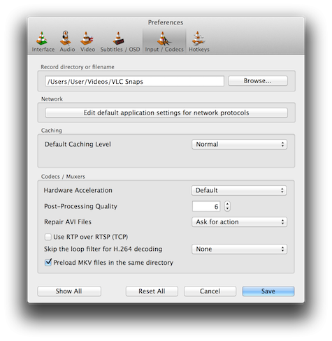 VLC Media Player Preferences Dialog Box